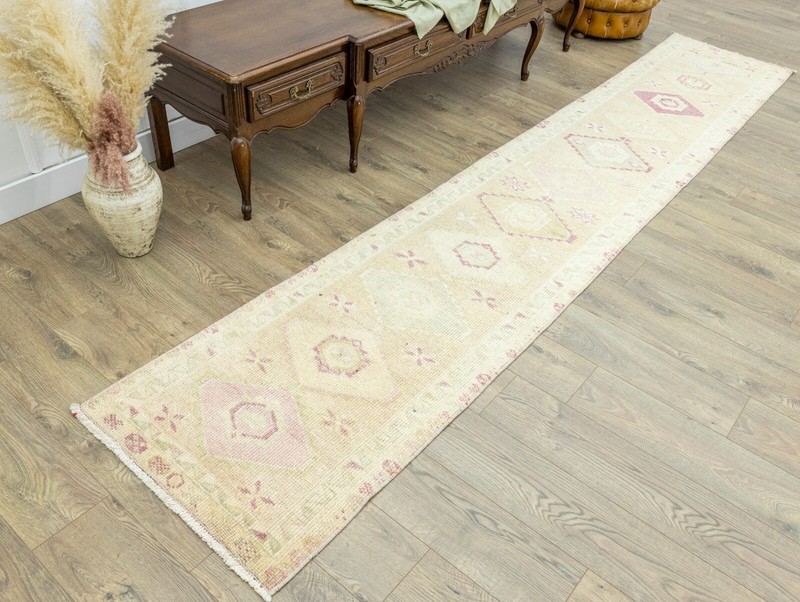 Turkish Oushak Mocha Pink Blue Wool Runner 2.3x12.4 ft Hand Woven Vintage Carpet gallery