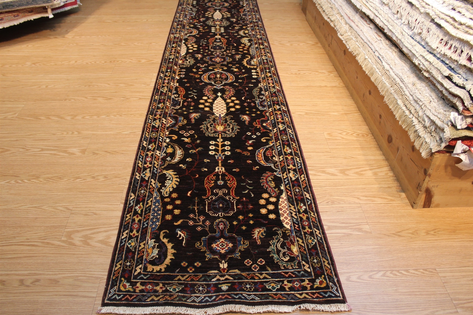 14 FT. LONG HALL RUNNER HANDMADE KNOTTED BROWN COLOR VEGIE DYE ONE OF A KIND gallery