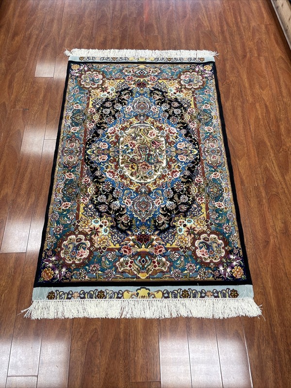 Authentic Hand Made Rug Silk Middle Eastern 3x5 Feet Blue gallery