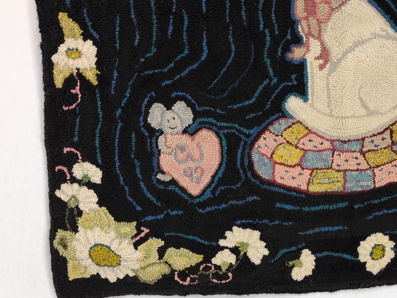 Antique VTG Hooked Rug Wool Cat Kitten In Hat 35x30 Hand Made Black White Floral gallery