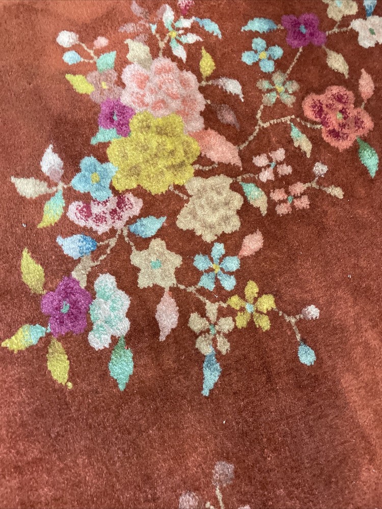 Antique 1920s Chinese Art Deco Rug 3x4.5 Coral Rust Red Floral Wool Nichols ?
