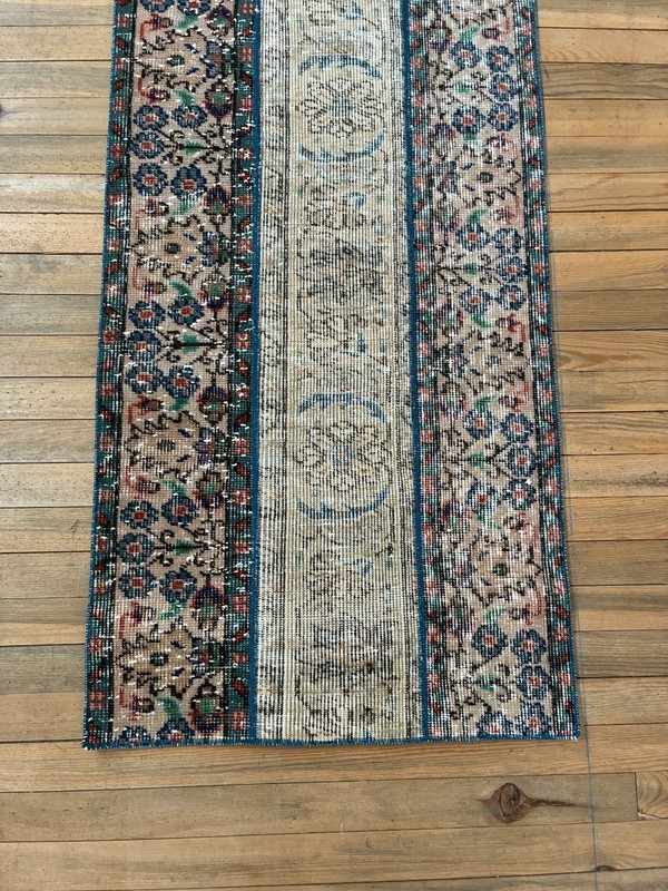 Vintage Turkish Patchwork Rug 2x8 Beige Cream Blue Wool Hand Knotted Runner gallery