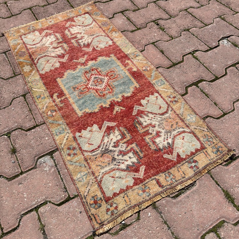 2x3 ft Terracotta Sage Wool Vintage Turkish Oushak Geometric Rug - Tariff Free gallery