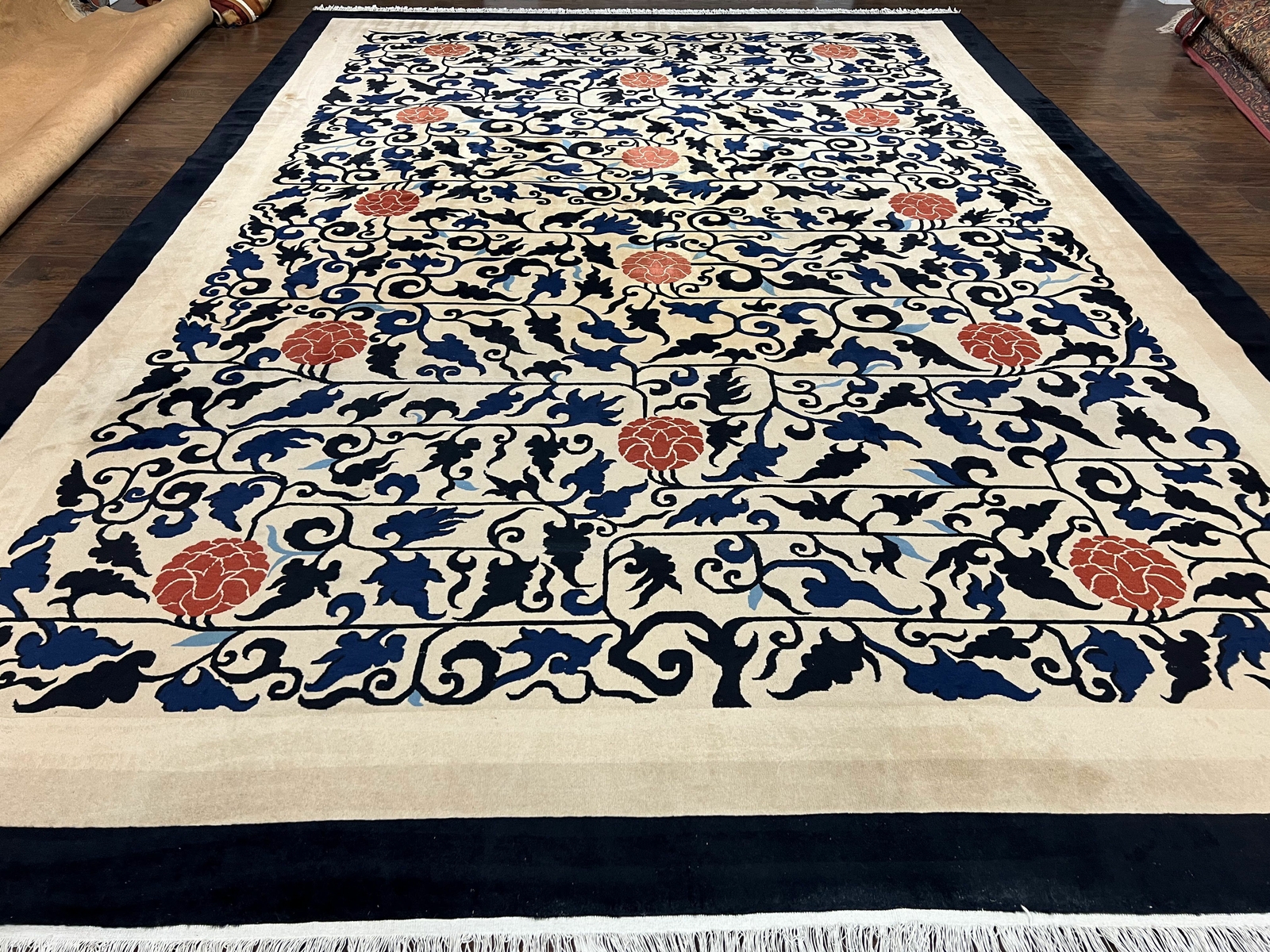 10x14 Chinese Peking Rug Allover Pattern Beige Black Blue Handmade Vintage 1940s gallery
