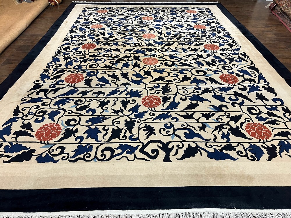 10x14 Chinese Peking Rug Allover Pattern Beige Black Blue Handmade Vintage 1940s
