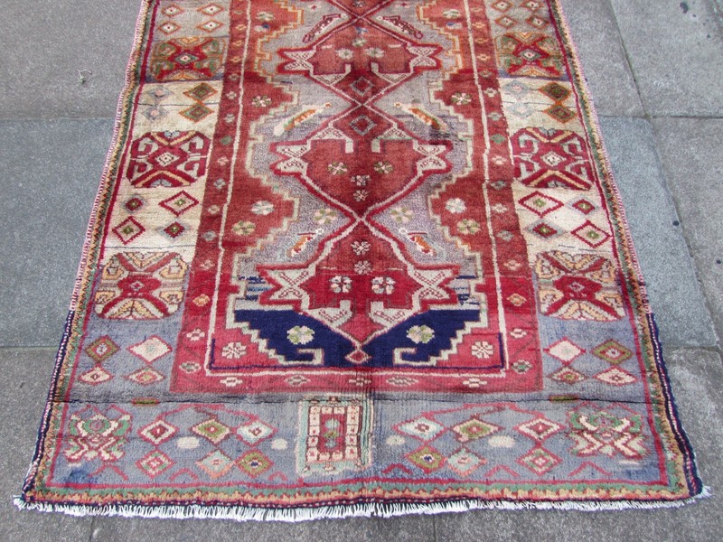 Vintage Traditional Hand Made Oriental Grey Red Cotton Wool Long Rug 239x116cm gallery
