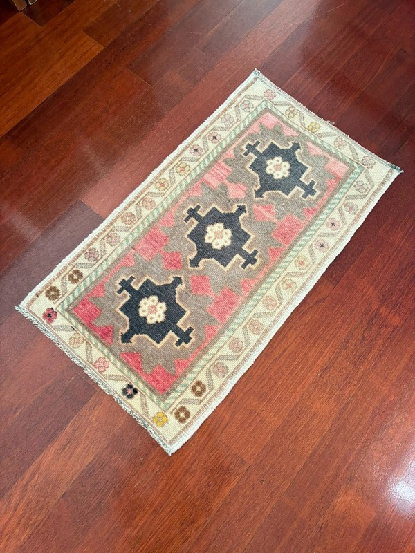 Triple Medallion 2x3 Pink Charcoal Wool Hand Knotted Vintage Turkish Rug Mat gallery