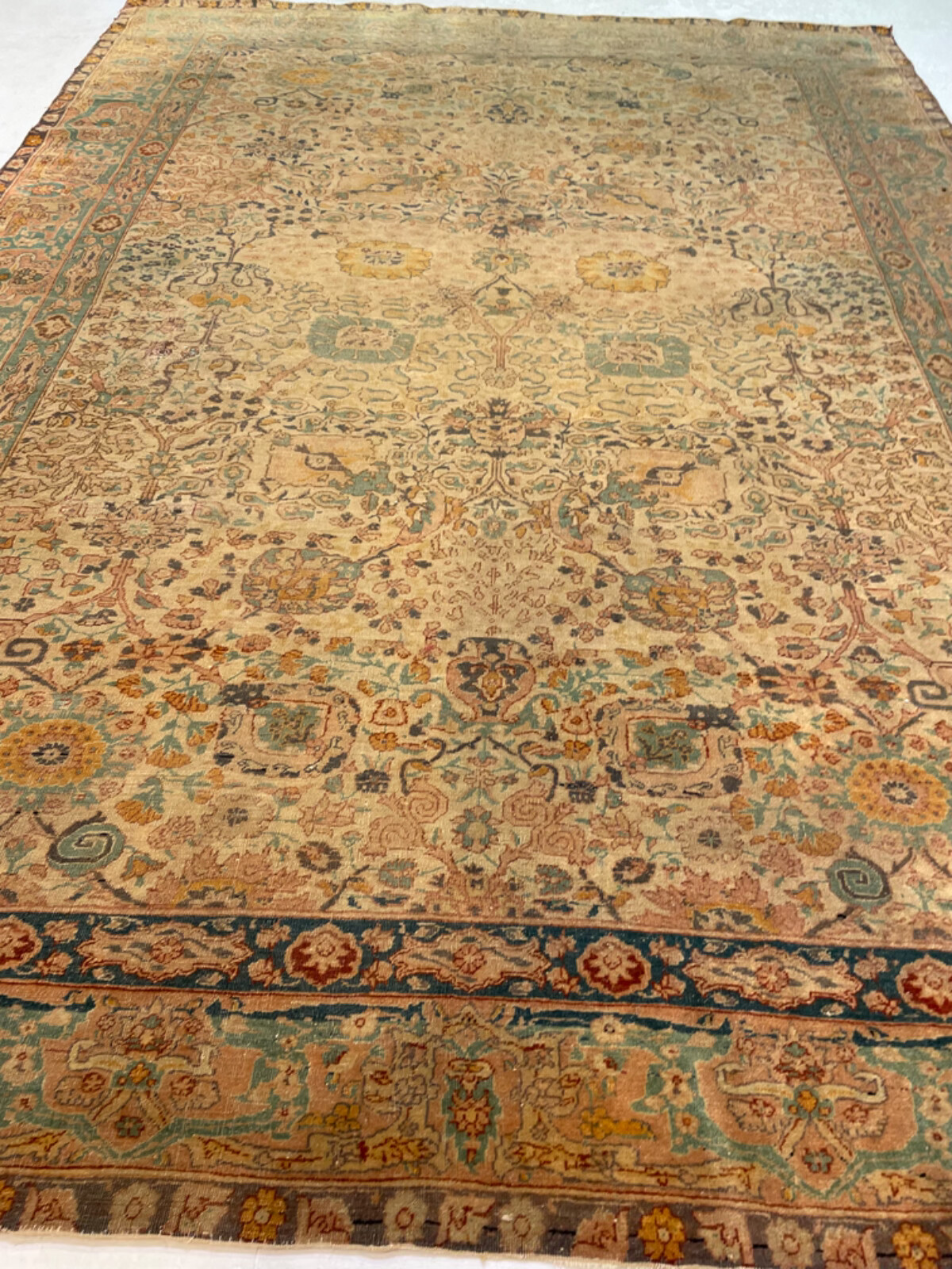 Antique Oriental Hand-Knotted Wool Area Rug Ivory/Blue/Green/Copper 6'5" x 9'1" gallery