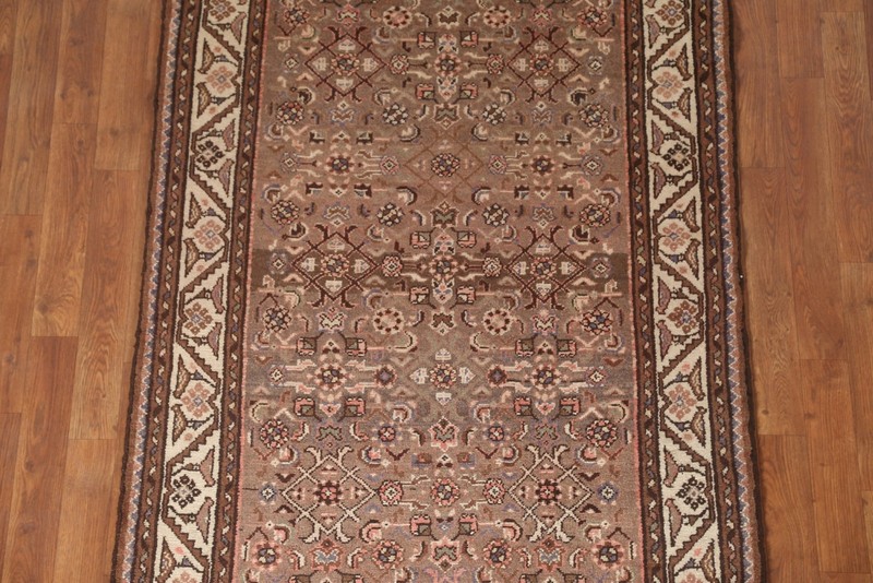 Geometric Brown Wool Runner Rug 4x10 Hand-knotted Vintage Traditional Nomad Rug gallery