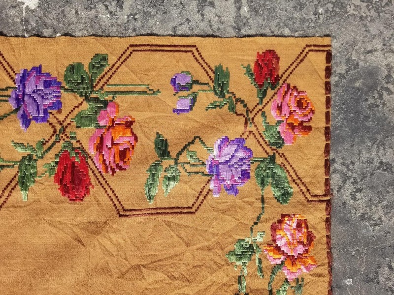 Vintage Handmade Romanian Floral Embroidered Wool Multicolor Kilim 183x119cm gallery