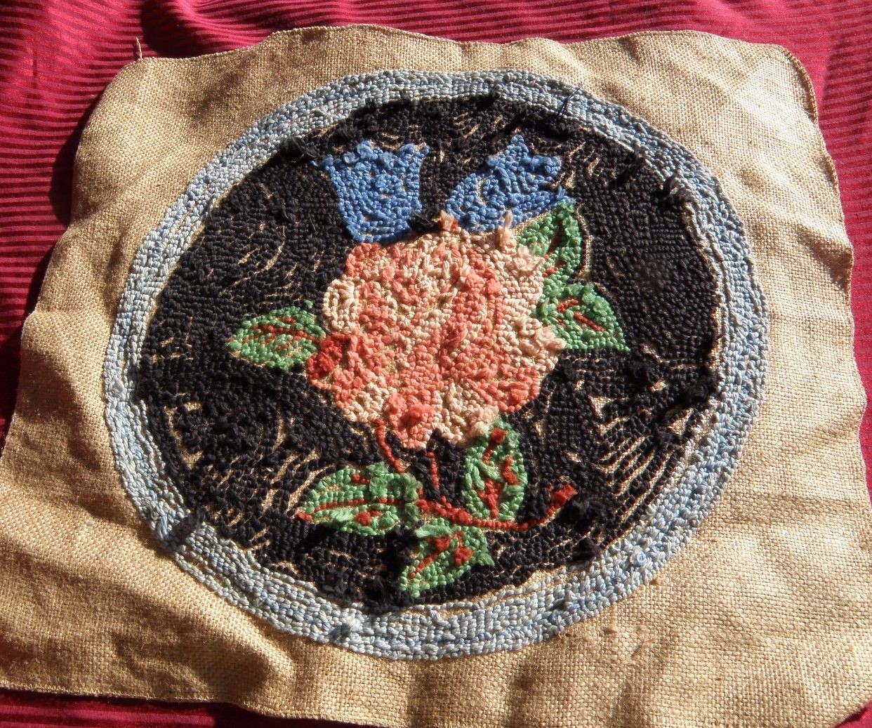 Antique Punch Needle Rug Wool Chair Seat American PINK ROSE What is It? folk art gallery