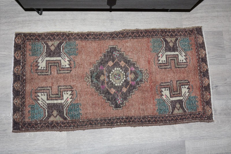Vintage Turkish Red Rug 20x42 Inches | Small Oushak Rug | Distressed Modern Rug gallery