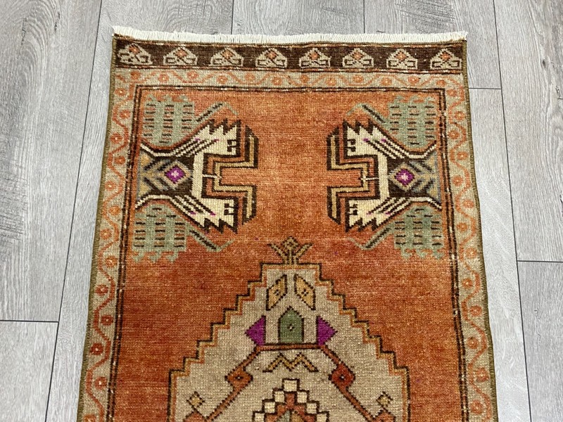 Turkish Tribal Wool Rug Handmade 1.6x3.3 ft Vintage Terracotta Geometric Small gallery