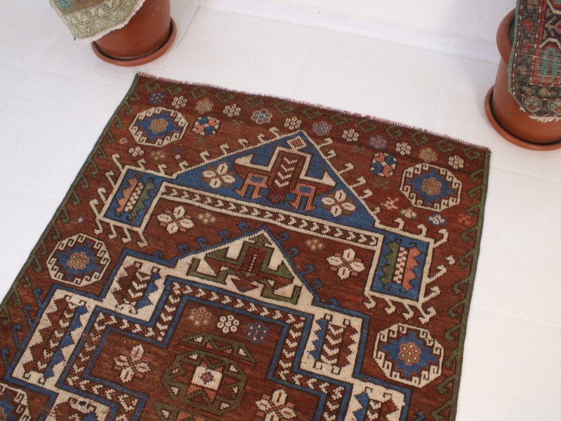 Vintage Turkish Area Rug 4x6 ft | Handmade Wool Red Blue Rug | 126x189 cm gallery