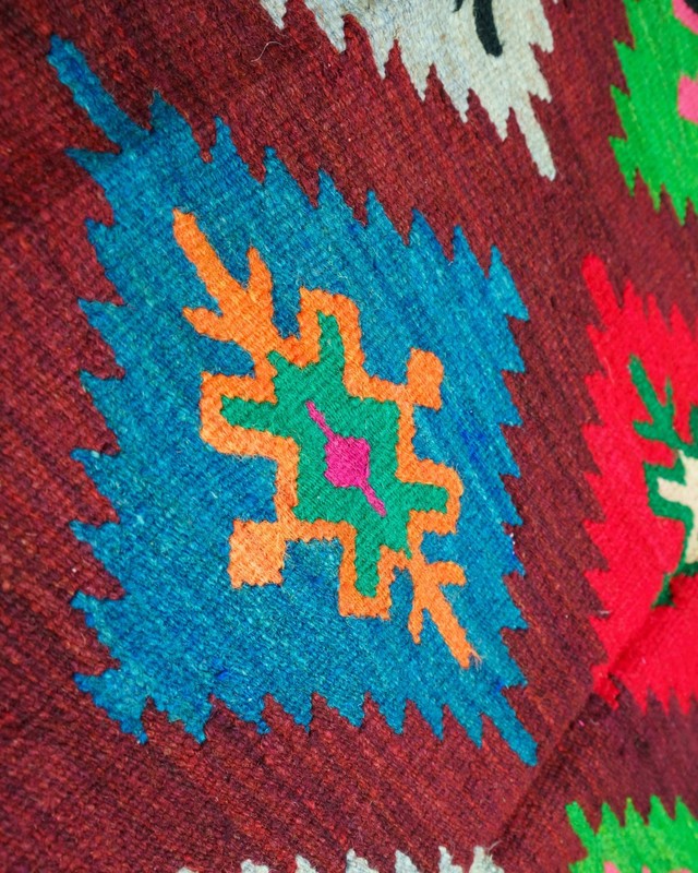 Romanian Transylvanian Runner Rug Handwoven Wool Geometric Burgundy 1970s gallery