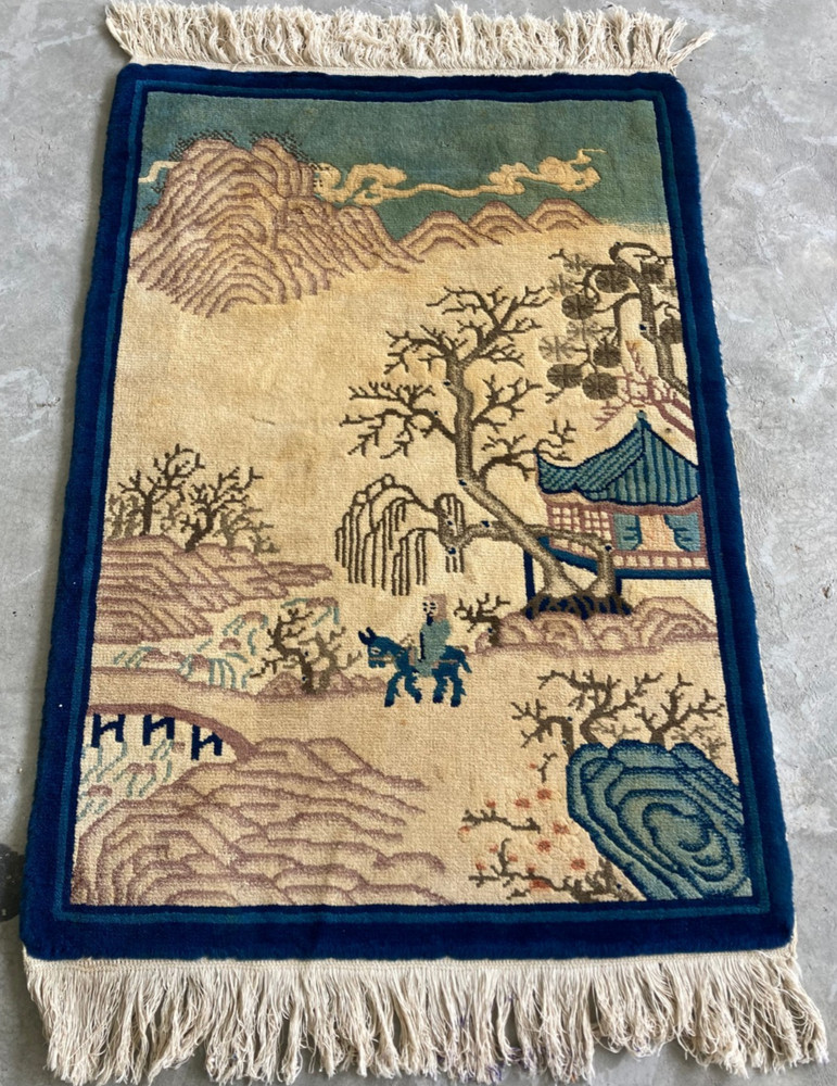 Vintage Chinese Peking Handmade Floral Multicolor Wool Rug Carpet 94x63 cm