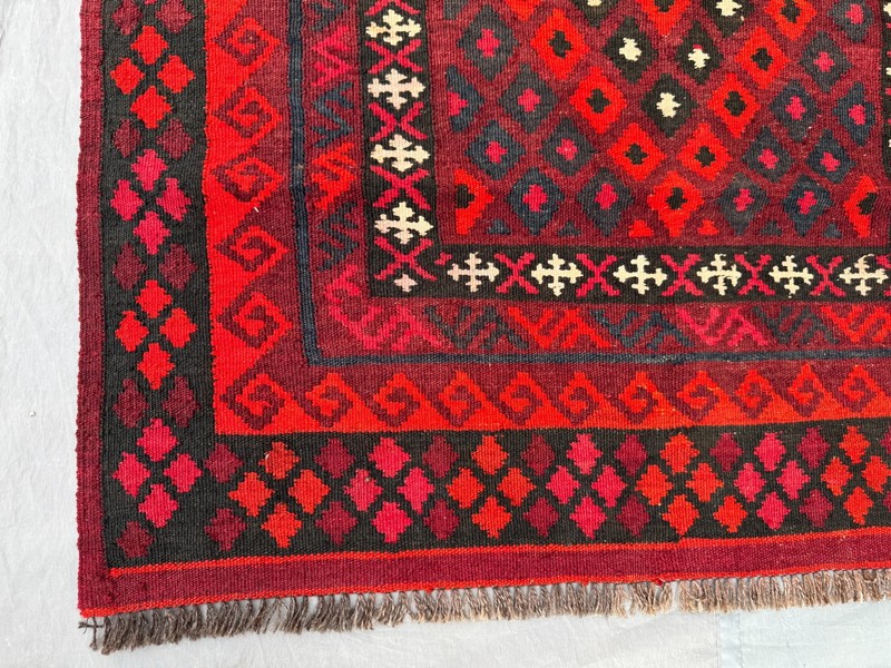 Vintage Afghan Ghelmori Kilim Rug, Handwoven Tribal Red Black Geometric Rug gallery