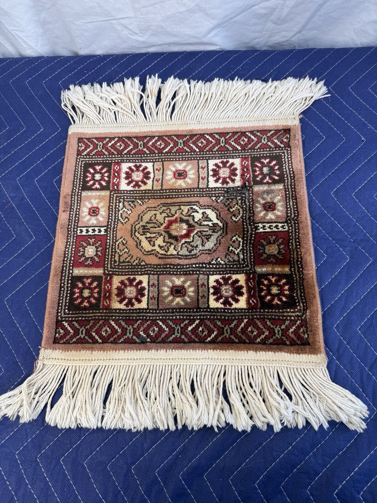 Vintage Miniature Oriental Style Medallion Rug Mat Fringe Red Cream 11" x 12" gallery