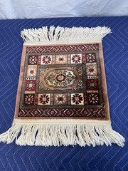 Vintage Miniature Oriental Style Medallion Rug Mat Fringe Red Cream 11″ x 12″
