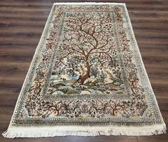 Indian Kashmiri Silk Rug 4×7, Tree of Life Design, Very Fine 380 KPSI, Birds