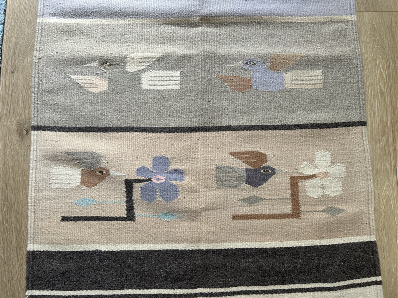 Vintage Mexico Zapotec Fringed Hand Woven Wool Rug Tapestry Flatweave Birds Folk gallery