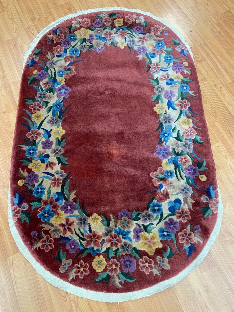 3' x 5' Antique Oval Chinese Art Deco Oriental Rug - 1930s - Hand Made