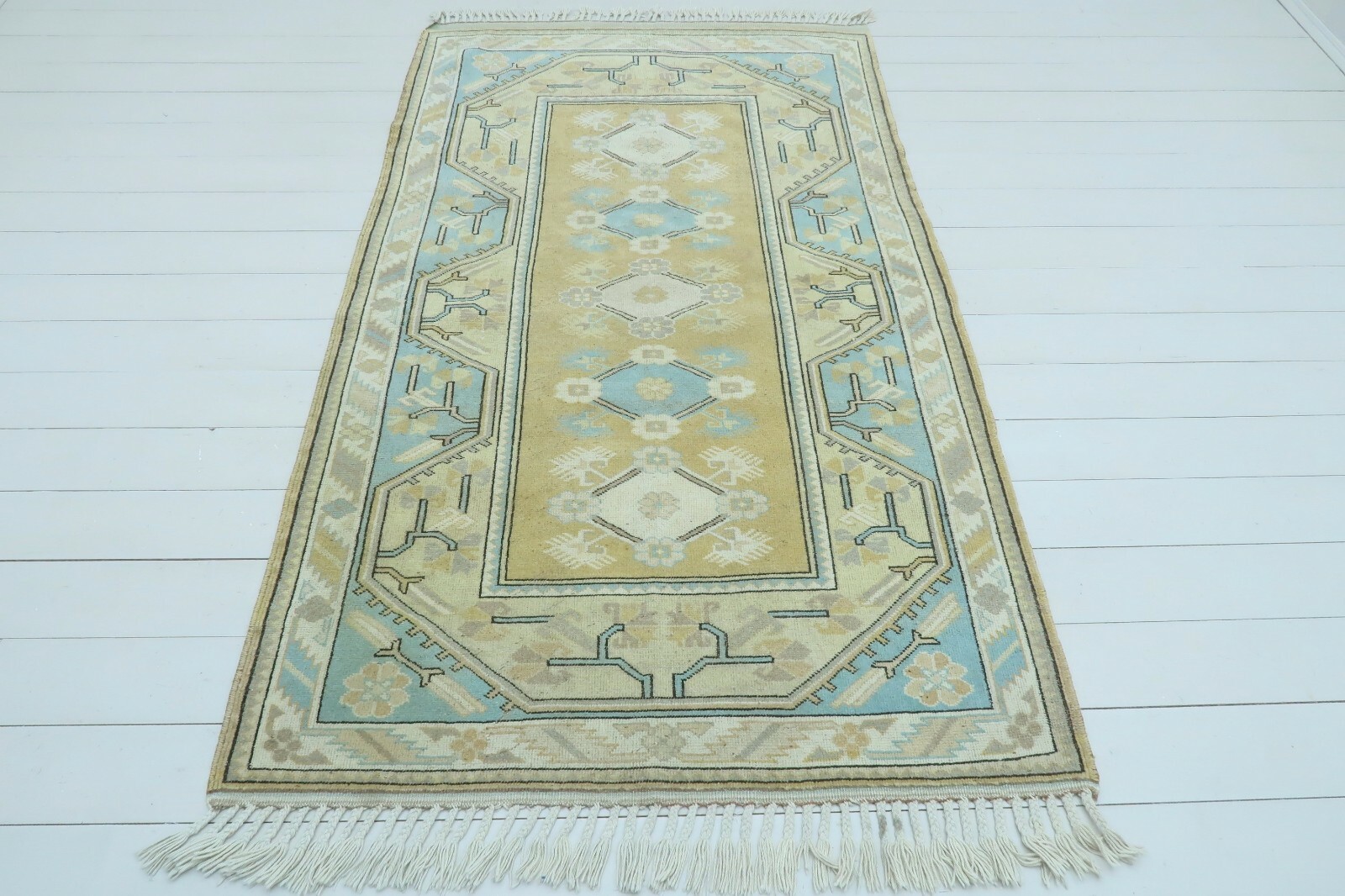 Honey Gold Medallion Vintage Turkish Carpet, Handmade Wool Floor Rug 47"x81" gallery