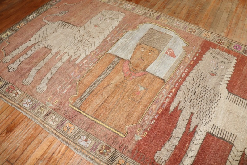 Vintage Kurdish Kars Pictorial Lion King Gallery Rug Size 5'2''x9' gallery