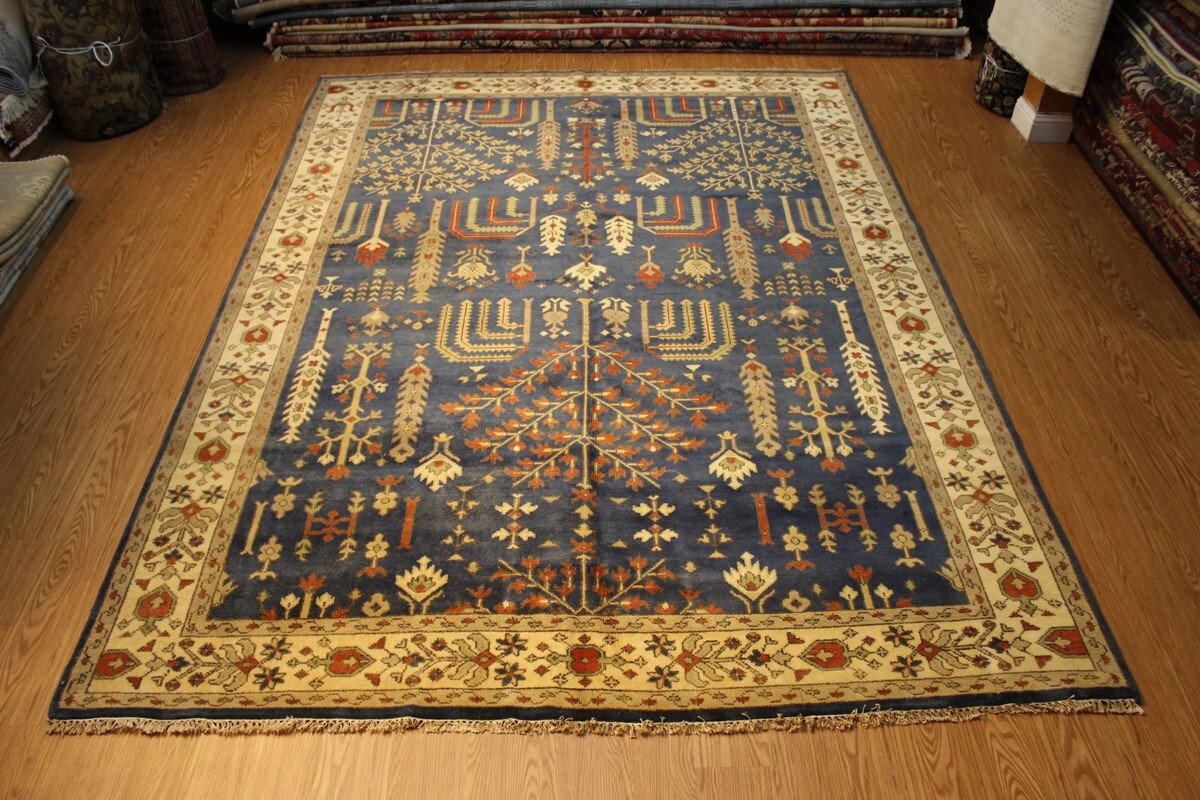 Handmade Wool Rug 9' x 12' Garden Design Teal Blue TREE OF LIFE Gabbeh Design gallery