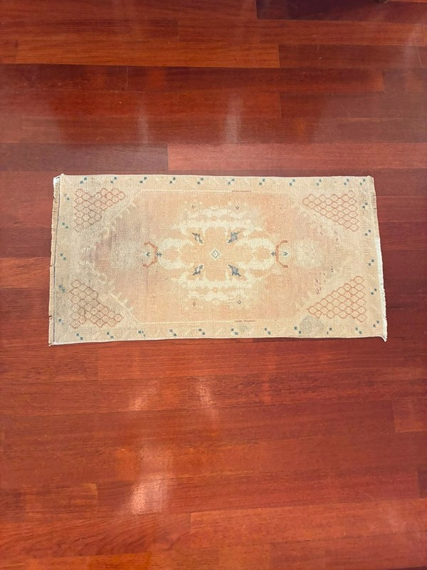 Vintage Oushak 2x3 Rug Muted Peach Pink Cream Teal Hand Knotted Turkish Wool Mat gallery