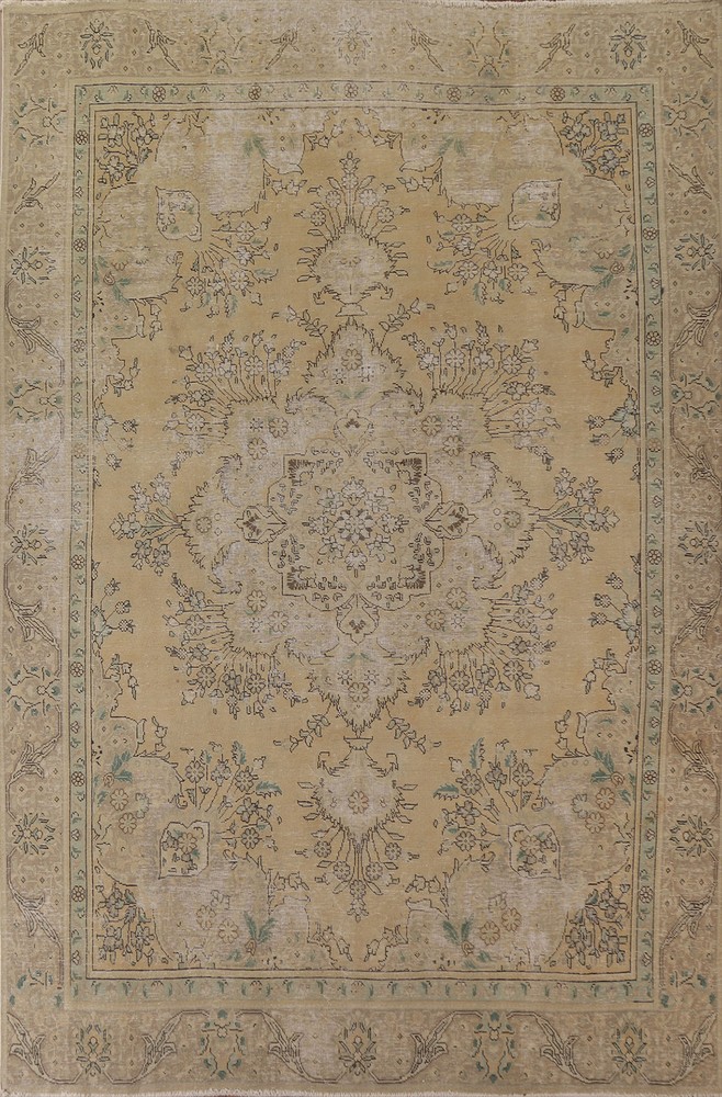 Vintage Muted Gold Tebriz Traditional Living Room Rug 9x12 Hand-made Wool Carpet