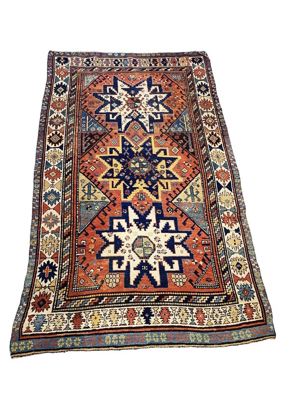 #827 Rare 19th C Antique Tribal Caucasian Star Kazak Rug 7' 10" BY 4' 10" gallery
