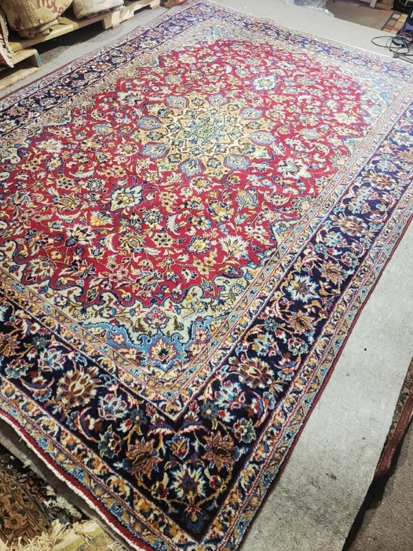 Vintage Hand-Knotted Wool Rug 8x11 – Elegant Oriental Red Field Blue Border gallery