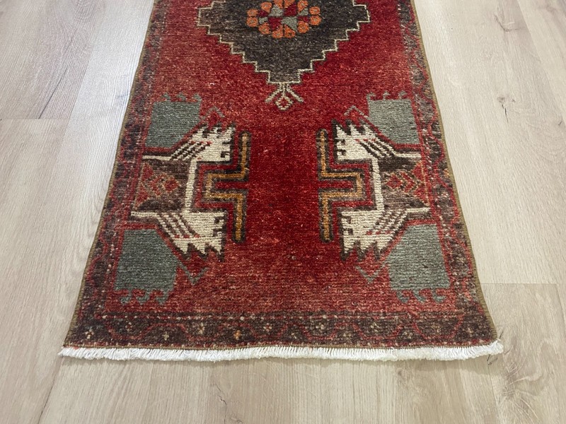 Vintage Anatolian Turkish Rug Handmade Wool Red Hallway Runner 1.6x3.8 Ft gallery