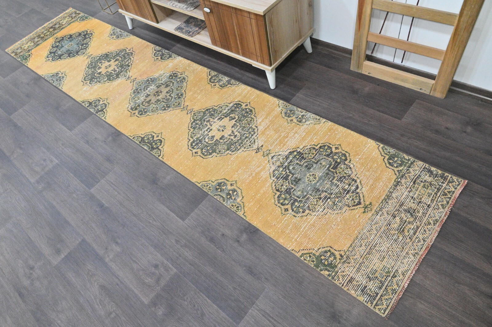 Vintage Turkish Runner Rug 2x10ft YELLOW Handmade Anatolian Oushak Hallway Wool gallery