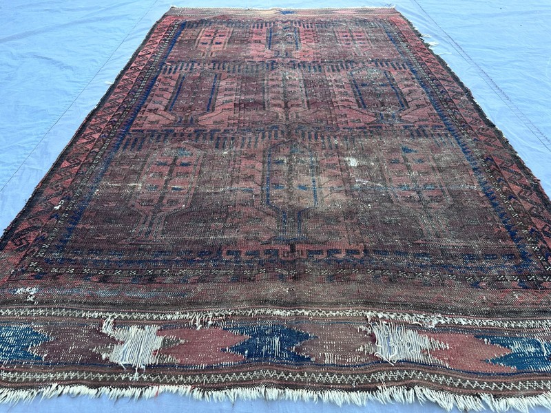 Vintage Afghan Hand-Knotted Rug | Distressed Low Pile Nomadic Medallion Rug gallery