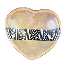 Soapstone Heart Dish With Geometric Tribal Design Black and White 4×4.25″
