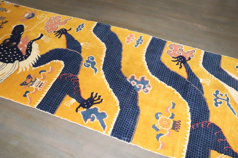 Antique Chinese Peking Ningxia Pillar Dragon Rug Size 4'5''x17'