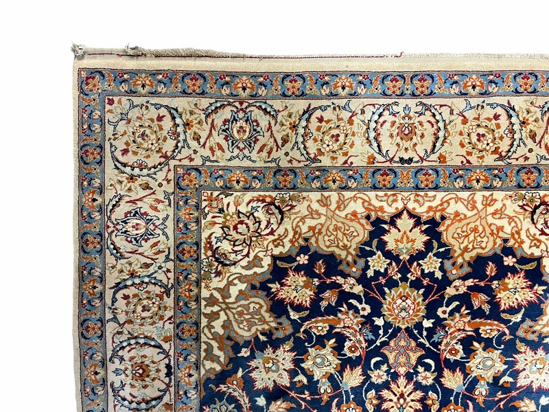 4x5 Ultra Fine Rug Handmade Rug Medallion Rug Floral Rug Beige Dark Blue Rug gallery