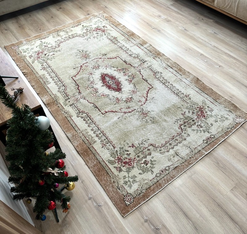 4x7 Beige Oushak Rug, Handwoven Vintage Rug, Turkish Rug, Handmade Wool Area Rug gallery
