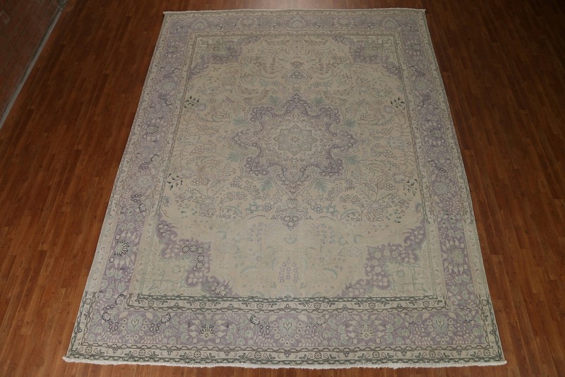 Vintage Muted Beige Wool Tebriz Handmade Dining Room Area Rug 10x13 Carpet gallery