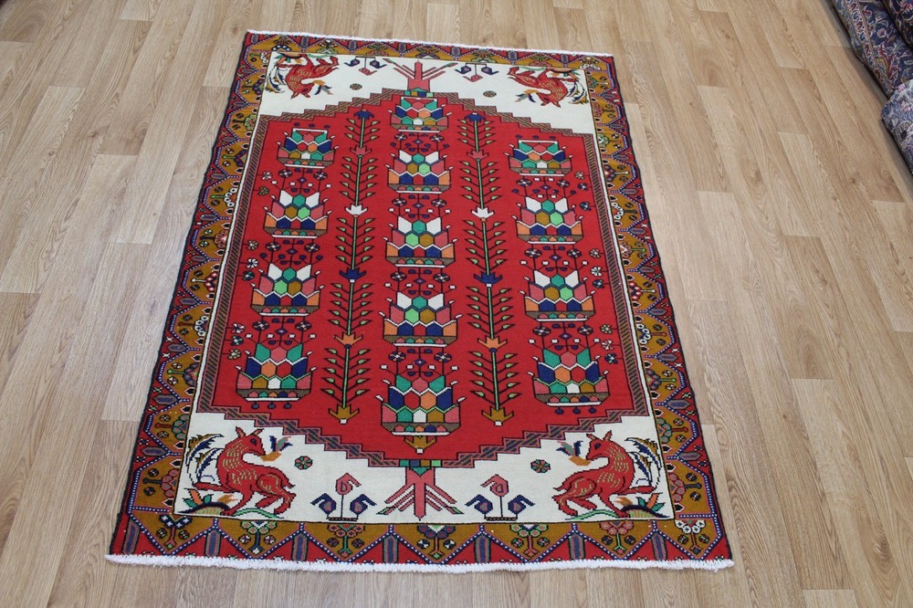 Vintage Oriental Rug Bright Red Tribal Wool Carpet 150 X 110 CM
