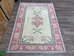 4×6 Vintage Turkish Rug, Hand-Knotted Beige Pink Neutral Antique Oushak Wool Rug