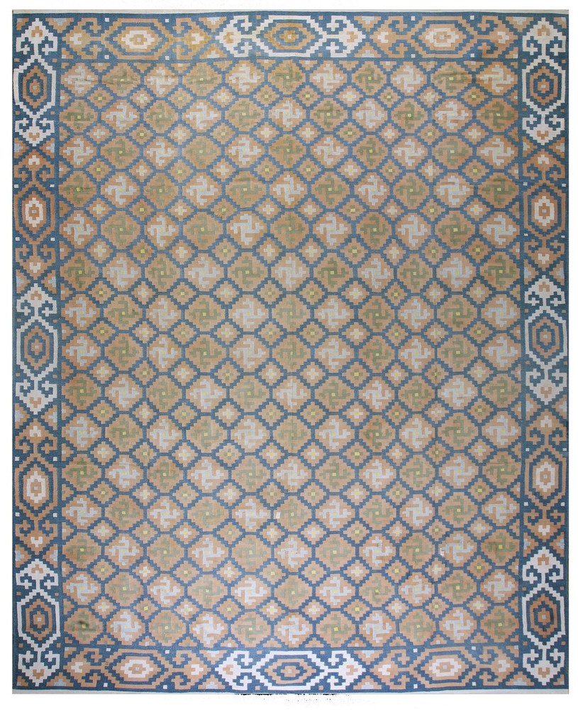 12X15 Vintage Indian Dhurries Blue Cotton Area Rug 1935