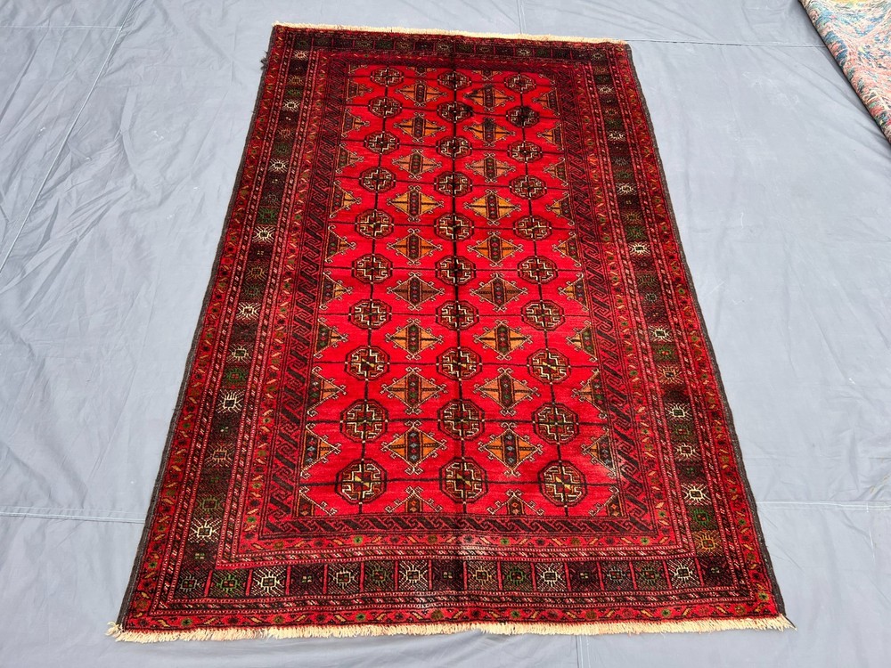 4'2x6'7 ft Afghan Turkoman Bokhara All-Over Gul Handknotted Wool Vintage Rug