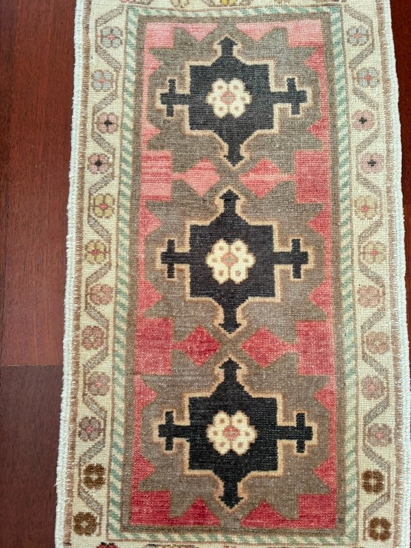 Triple Medallion 2x3 Pink Charcoal Wool Hand Knotted Vintage Turkish Rug Mat gallery