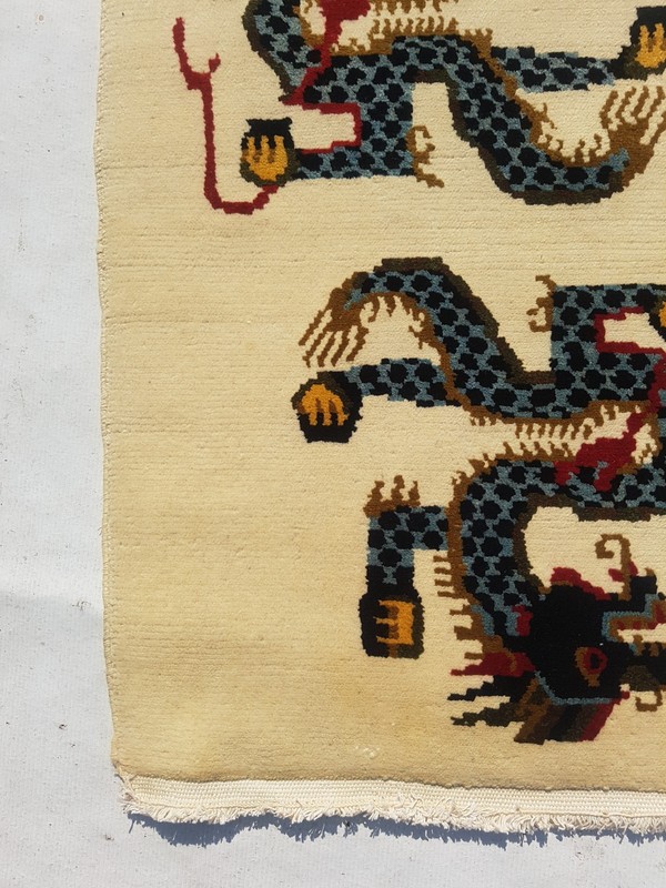Vintage Handmade Chinese Tibetan Double Dragon Art Deco Wool Rug 89x63 cm gallery
