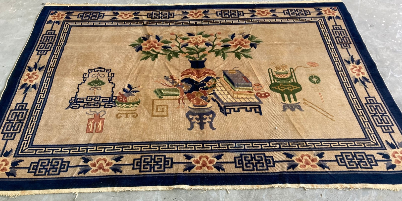 Vintage Handmade Chines Peking Art Deco Style Floral Wool Rug 230x157 cm gallery