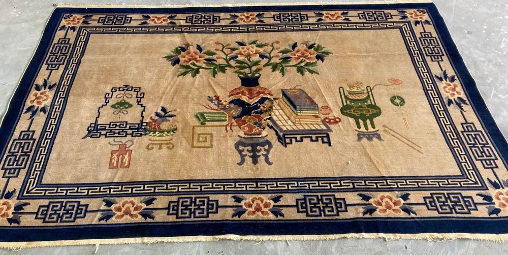 Vintage Handmade Chines Peking Art Deco Style Floral Wool Rug 230x157 cm