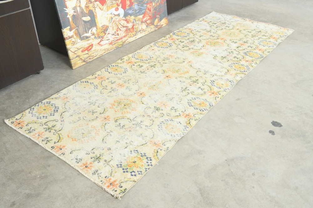 3x9 Turkish Antique Runner Rug Anatolian Hand-Knotted Vintage Oushak Carpet,116